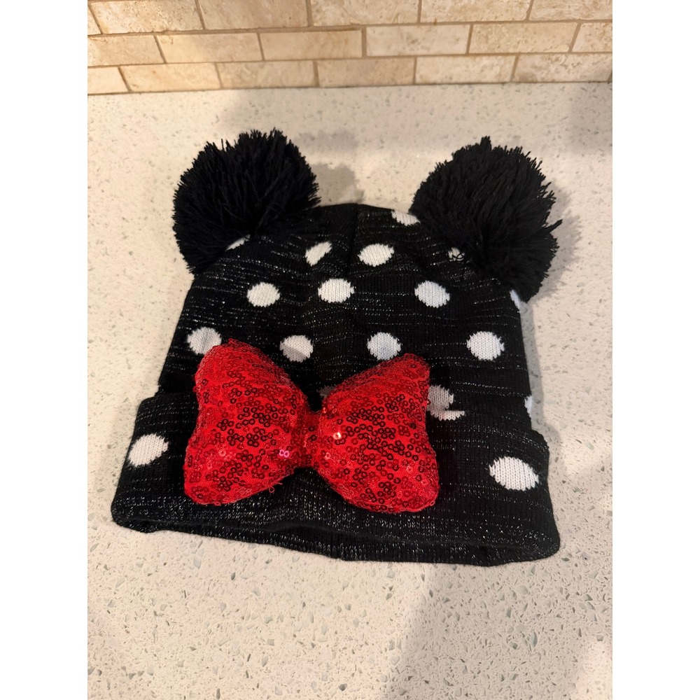 Disney Minnie Mouse Knit Beanie Black White Polka Dot Red Bow